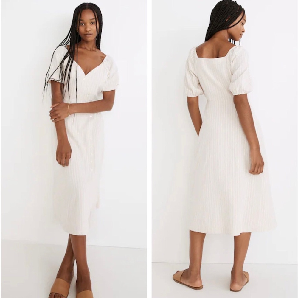 Madewell Undyed Stripe Gingham Puff Sleeve Button Wrap Cream Midi Dress size S